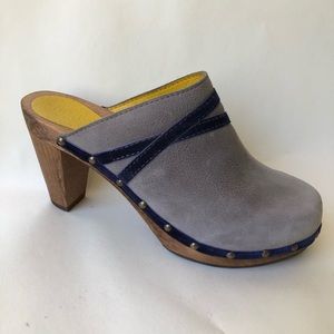 Fun leather, suede and velvet wooden clogs